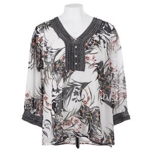 NWT Daniel Rainn Montana Blouse XL White Black Floral Print 3/4 Sleeve V-Neck